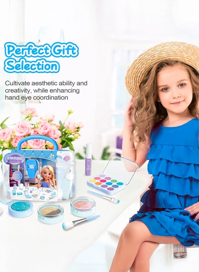 SHABILI 17 Pieces Pretend Makeup Kit Toy for Girls Age 3+, Simulation Cosmetic Play Set with Carrying Case for Imaginative Role Play and Hand Eye Coordination at Home or Party, Safe ABS Plastic Material, Not Real Makeup (Blue) - Image 2